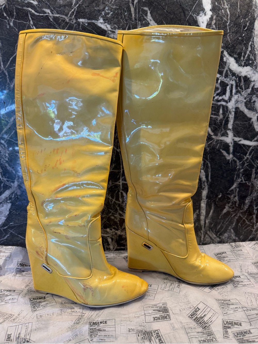 Louis Vuitton Women's Yellow Patent Wedge Knee-High Boots